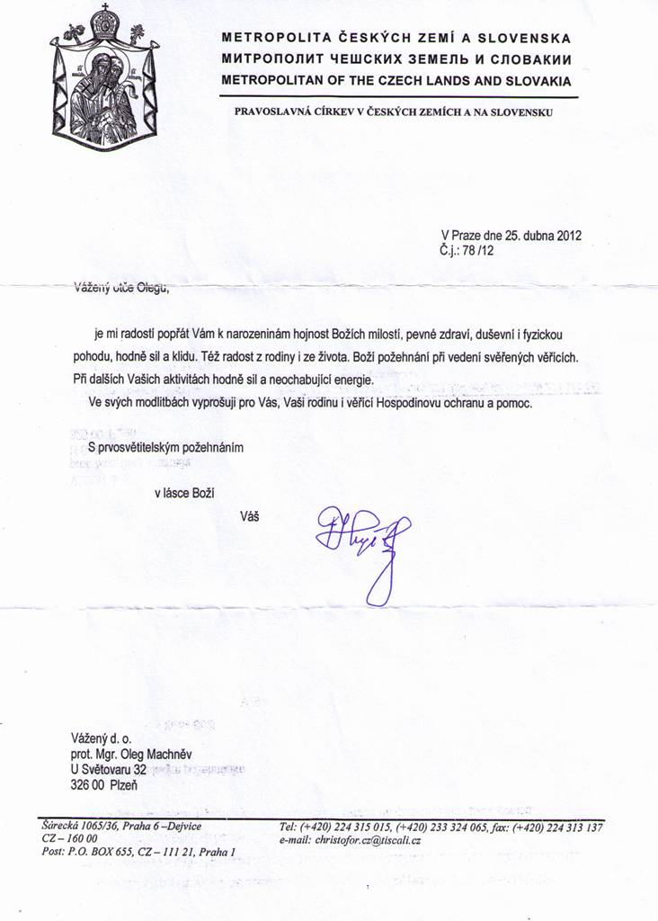 Od Jeho Blaženosti prof. ThDr. Kryštofa