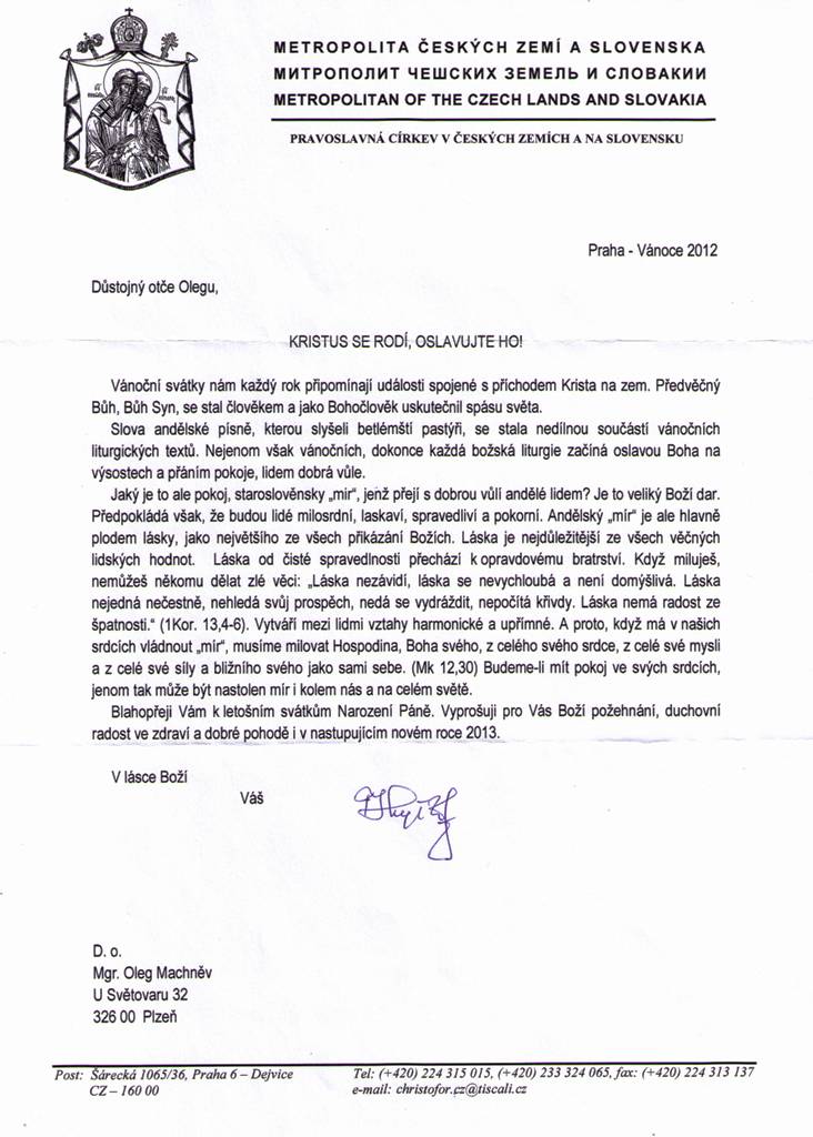 Od Jeho Blaženosti prof. ThDr. Kryštofa